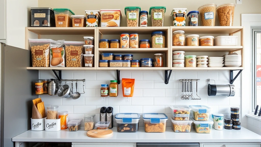 Home kitchen scene with organized shelving displaying packaged food products in various containers, clean countertops, and proper storage setup, professional but domestic setting, no commercial signage
