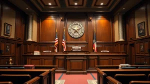 Professional Texas courtroom interior with wooden judge's bench, law books, and American flag, photographed from gallery perspective, realistic lighting, daytime