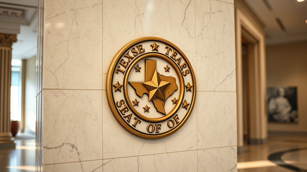 Close-up of a Texas state seal on marble wall in a courthouse hallway, professional legal setting, natural lighting, architectural detail photography