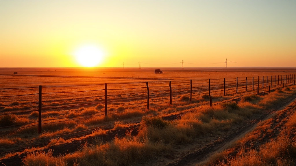 Texas landscape with wide open spaces, ranch fencing, and clear sky at golden hour, representing personal property and land rights in Texas, photorealistic