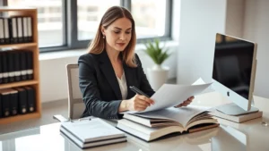 Professional female attorney in business suit reviewing documents at modern desk with law books and computer, natural lighting from office window, confident expression, organized workspace