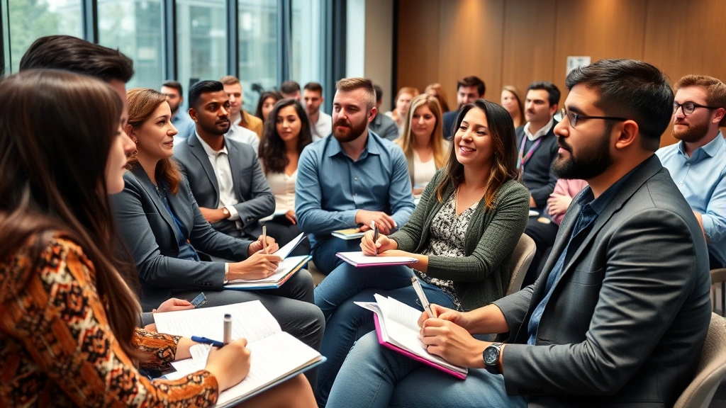 Diverse group of people in professional seminar setting taking notes and listening to speaker, modern conference room, engaged audience, natural daylight, collaborative atmosphere