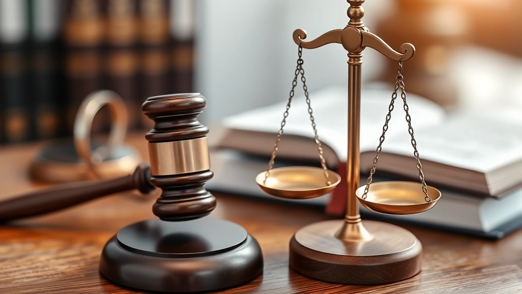 Close-up of scales of justice symbol with law books and gavel on wooden desk, professional legal office background, soft focus, representing fairness and legal authority