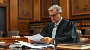 Professional judge or lawyer in formal courtroom setting, wearing robes or professional attire, reviewing legal documents at desk with law books visible in background, natural lighting emphasizing authority and expertise
