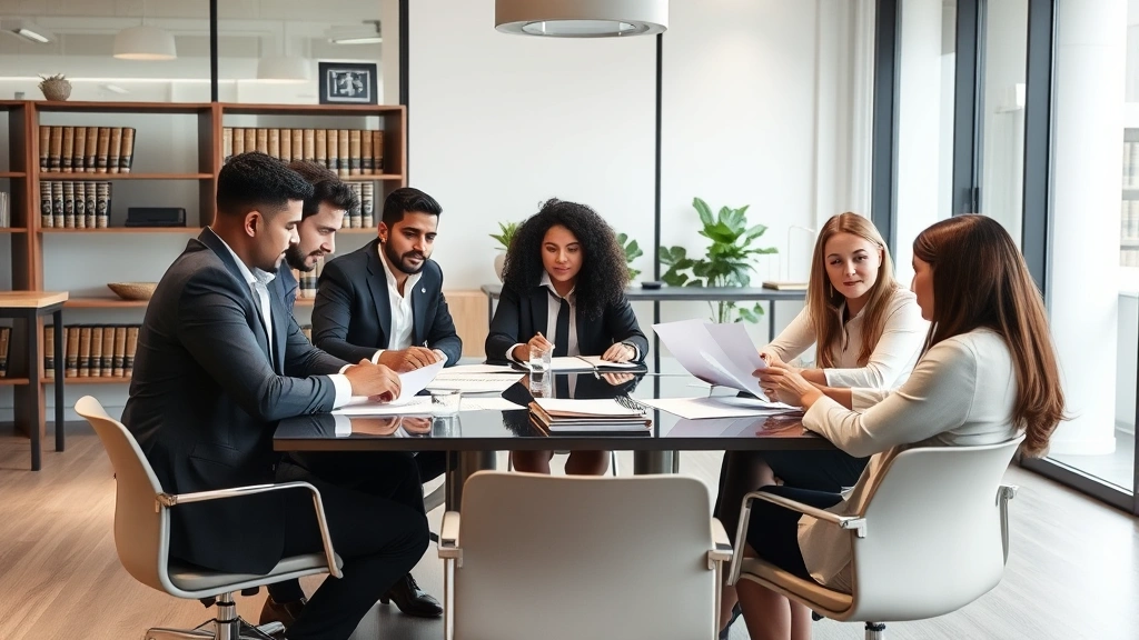Diverse group of legal professionals from different backgrounds collaborating in modern law office, reviewing documents and discussing cases around conference table, professional business attire, collaborative atmosphere