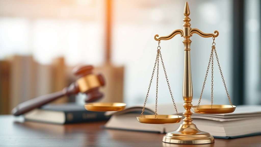 Scales of justice symbol in modern legal setting, with gavel and law books, representing fairness and balance in legal system, professional courtroom or law library background, golden tones emphasizing justice