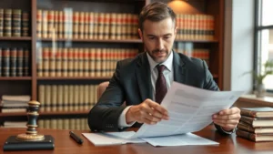 Professional male attorney in formal business suit reviewing legal documents at wooden desk in modern law office with law books visible in background, photorealistic
