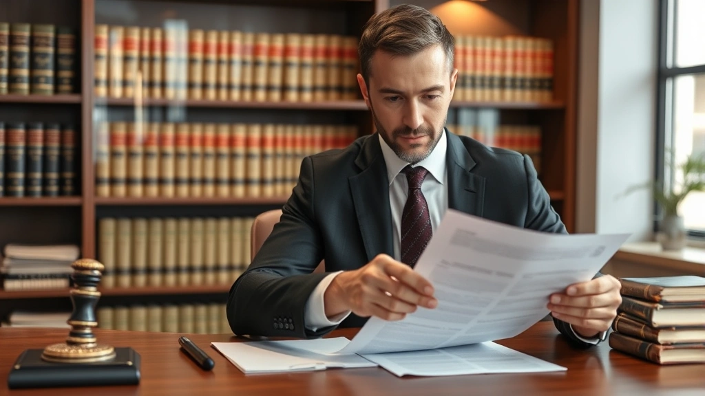 Professional male attorney in formal business suit reviewing legal documents at wooden desk in modern law office with law books visible in background, photorealistic