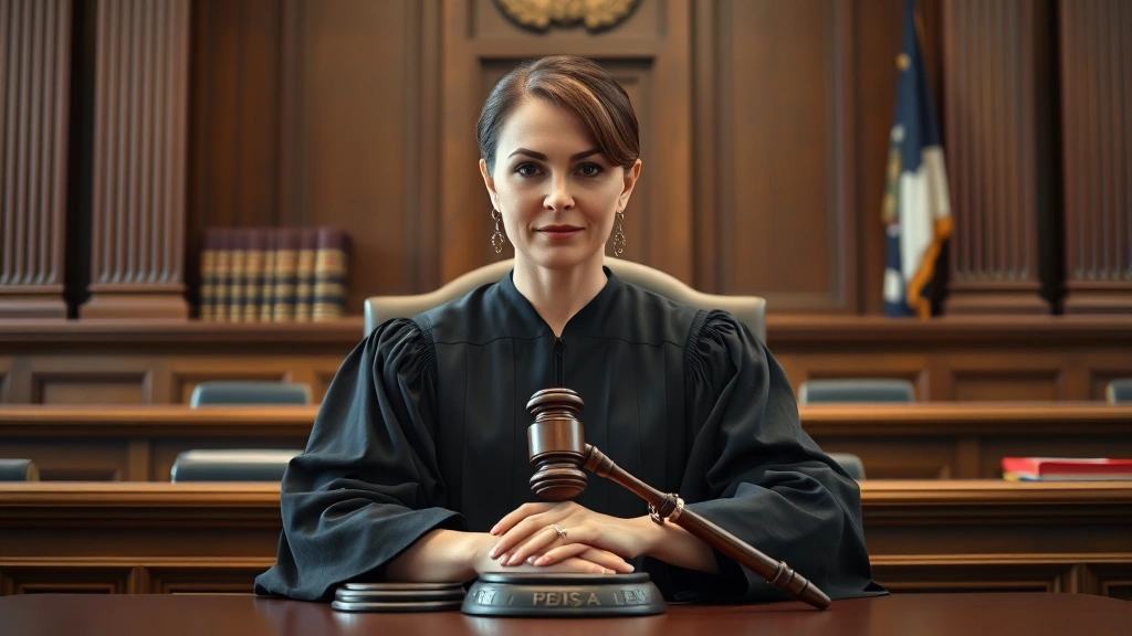 Female judge in black robes sitting at courthouse bench with gavel, serious professional expression, formal legal setting with law books and judicial furnishings visible, photorealistic