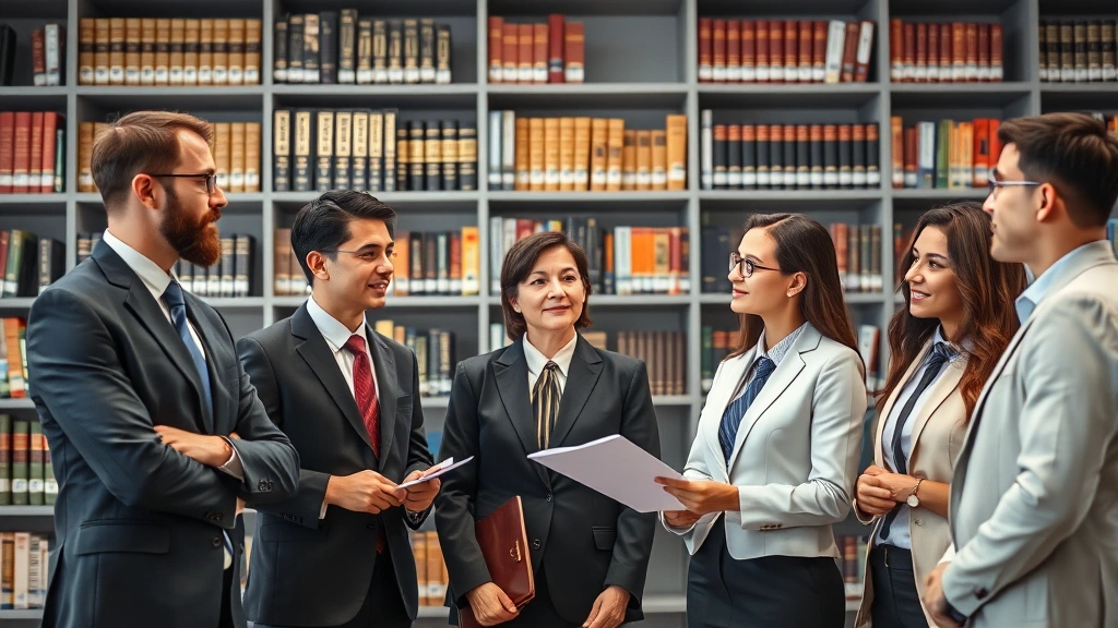 Group of diverse legal professionals in business attire having discussion in modern law library with shelves of law books and legal research materials behind them, photorealistic