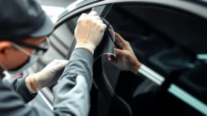 Professional automotive window tinting installation in progress, technician applying dark film to vehicle side window, specialized tools visible, bright workshop lighting, close-up detail of precision application technique