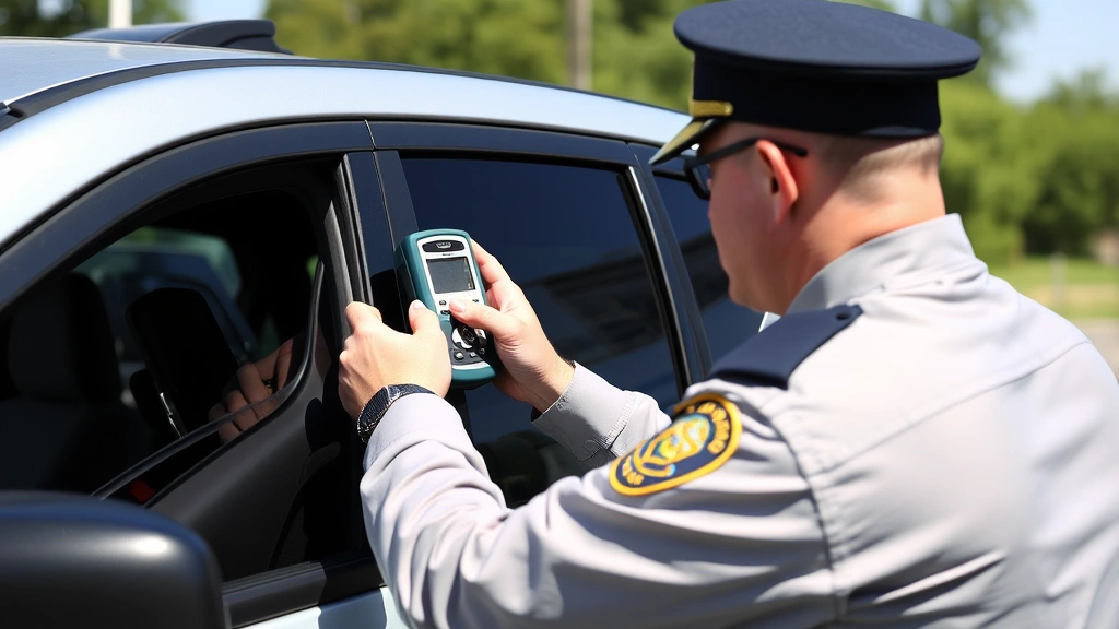 Law enforcement officer conducting window tint compliance check using calibrated light meter device against vehicle window, daytime outdoor setting, officer in uniform demonstrating measurement procedure, clear professional documentation