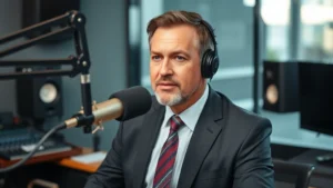 Professional male attorney in business suit speaking into microphone in modern radio station studio with sound equipment and control board visible, serious focused expression