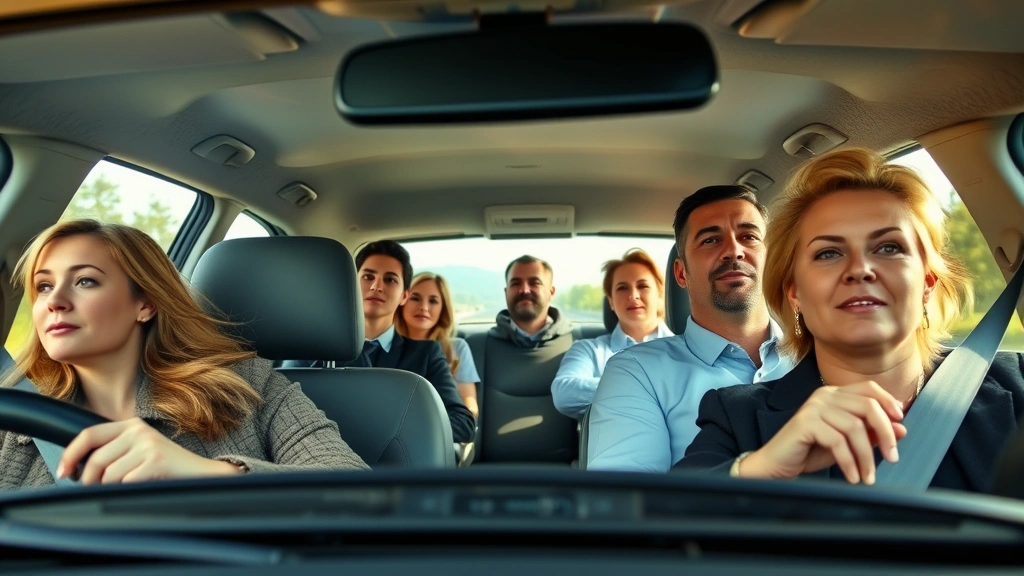 Diverse group of professionals listening to radio in cars during morning commute, visible through windshields and windows, natural daylight, attentive expressions
