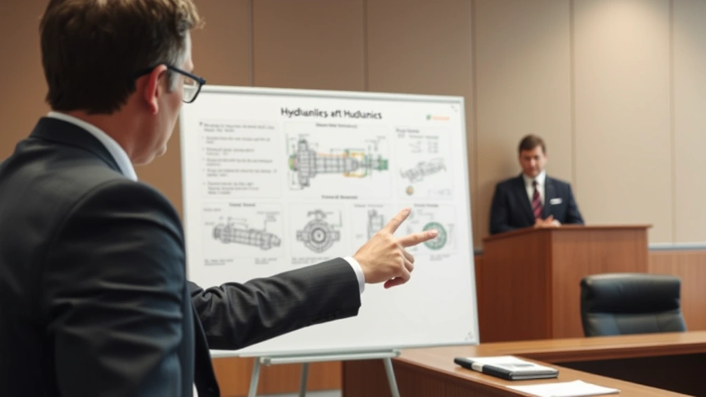 Expert witness testifying in courtroom, pointing to hydraulic diagrams on display board, professional suit, judge visible in background, technical presentation materials