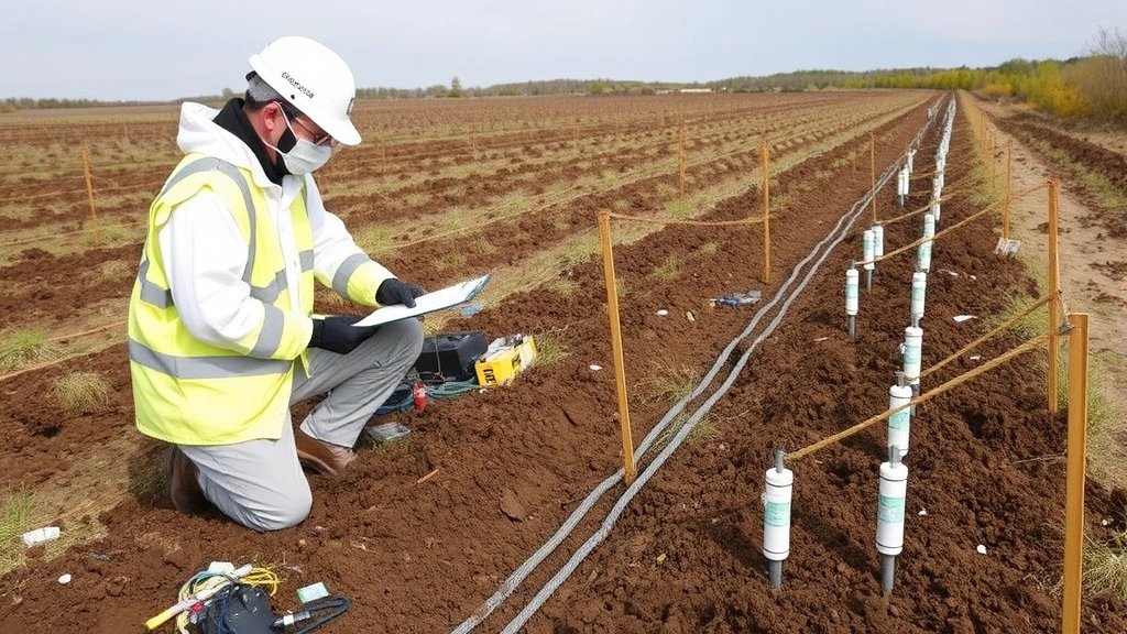 Environmental contamination site with soil testing equipment, water sampling apparatus, and monitoring wells, professional environmental scientist in protective gear documenting findings