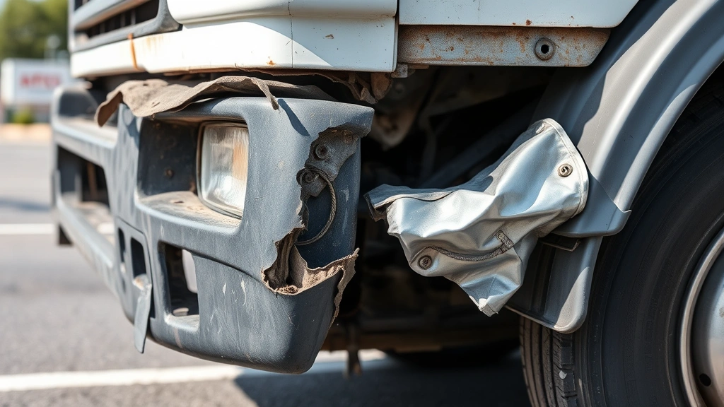 Close-up of damaged vehicle bumper and crumpled metal from collision impact, showing severity of truck accident damage, daylight photography, no people visible