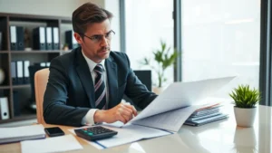 Professional family law attorney in modern office reviewing child support documents at desk with calculator and legal files, natural lighting, serious focused expression