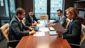 Professional attorneys in modern law office conference room reviewing legal documents and case files, serious focused expressions, contemporary business attire, wooden table with papers and laptops, natural window lighting