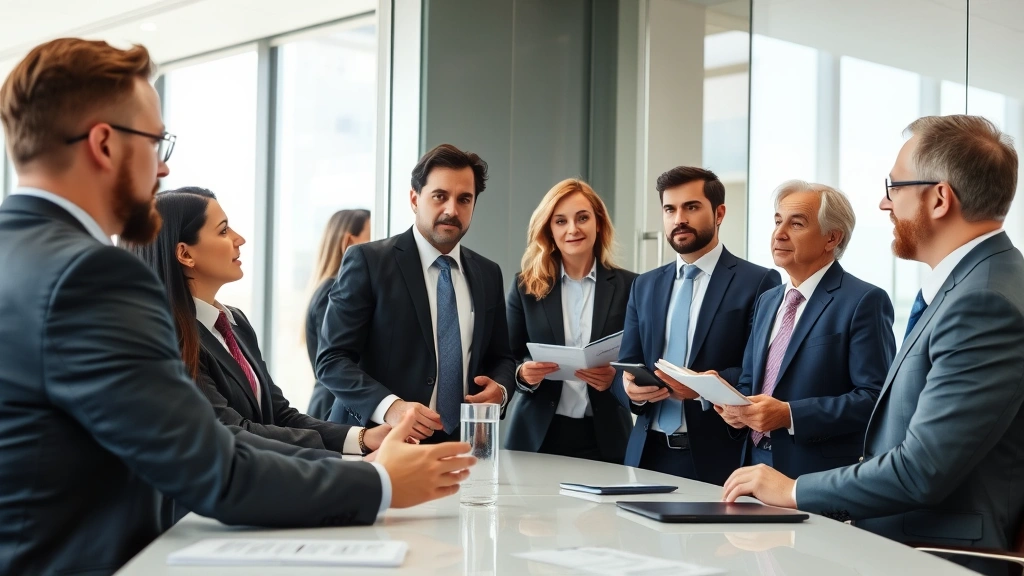 Diverse group of lawyers in professional business meeting, discussing strategy around conference table, modern office interior, suits and business casual, engaged discussion body language, natural lighting
