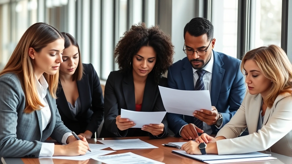 Professional business meeting with diverse lawyers and legal experts collaborating around a conference table reviewing legal documents, modern office setting, natural lighting, focused expressions, no visible text on documents