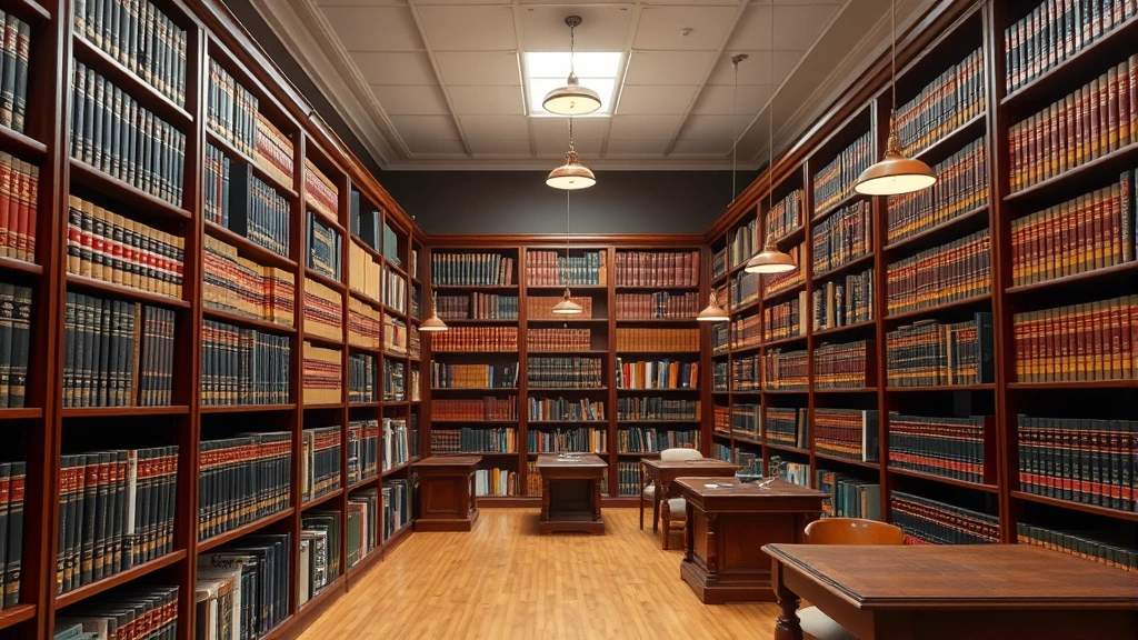 Law library interior with shelves of legal books and volumes, mahogany wooden furniture, organized legal reference materials, warm professional lighting, empty of people, showcasing legal scholarship resources