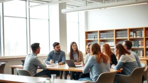 Professional law school classroom with diverse students engaged in discussion, natural lighting from large windows, modern furniture, law books visible on shelves in background, focused and collaborative atmosphere