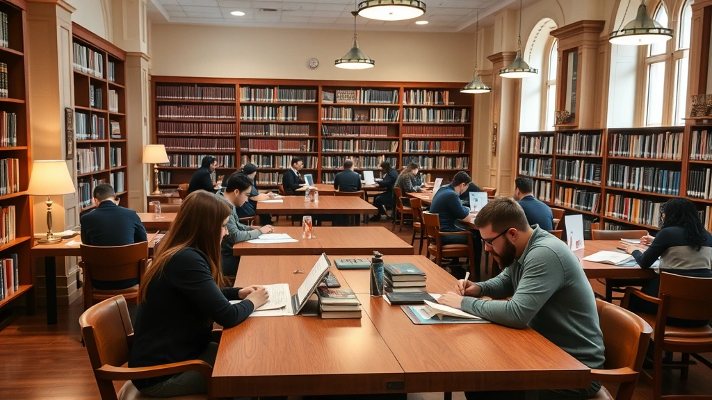 Law library study area with students researching and studying at wooden tables, comfortable seating, warm lighting, law reference materials visible, productive academic environment