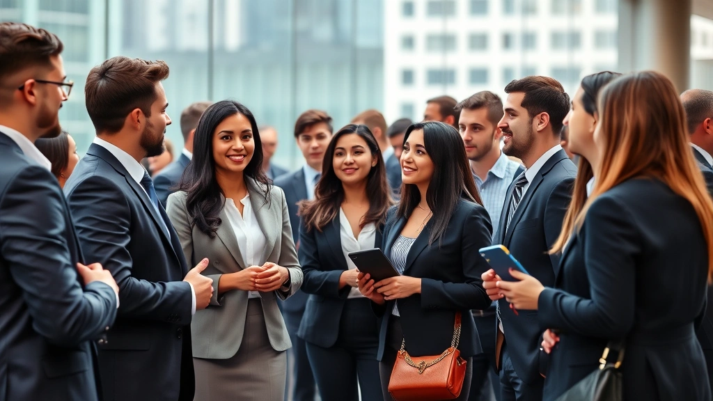 Diverse group of young professionals in business attire networking at a legal conference or professional event, shaking hands and conversing, modern urban setting, confident and engaged expressions