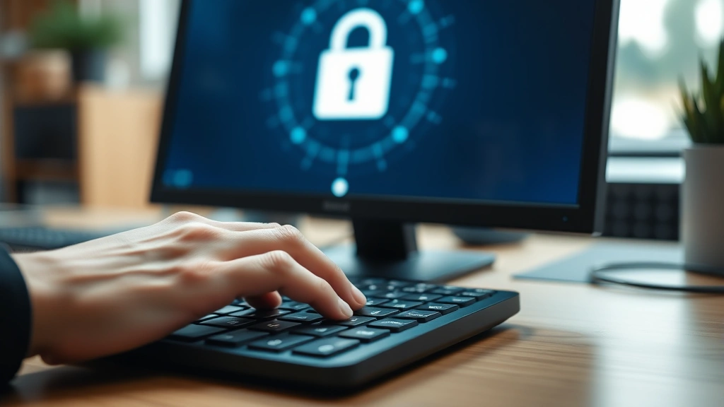 Close-up of hands typing password on keyboard with security lock icon visible on computer screen, professional office desk setup, shallow depth of field emphasizing login process