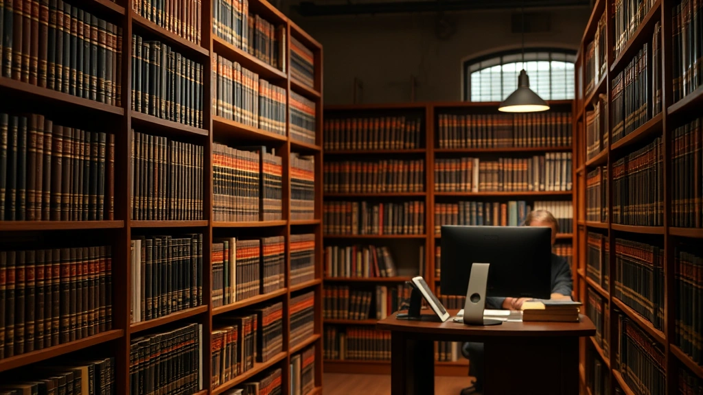 Law library interior with shelves of legal books and attorney in background working at computer, warm professional lighting, showcasing traditional and digital legal research methods