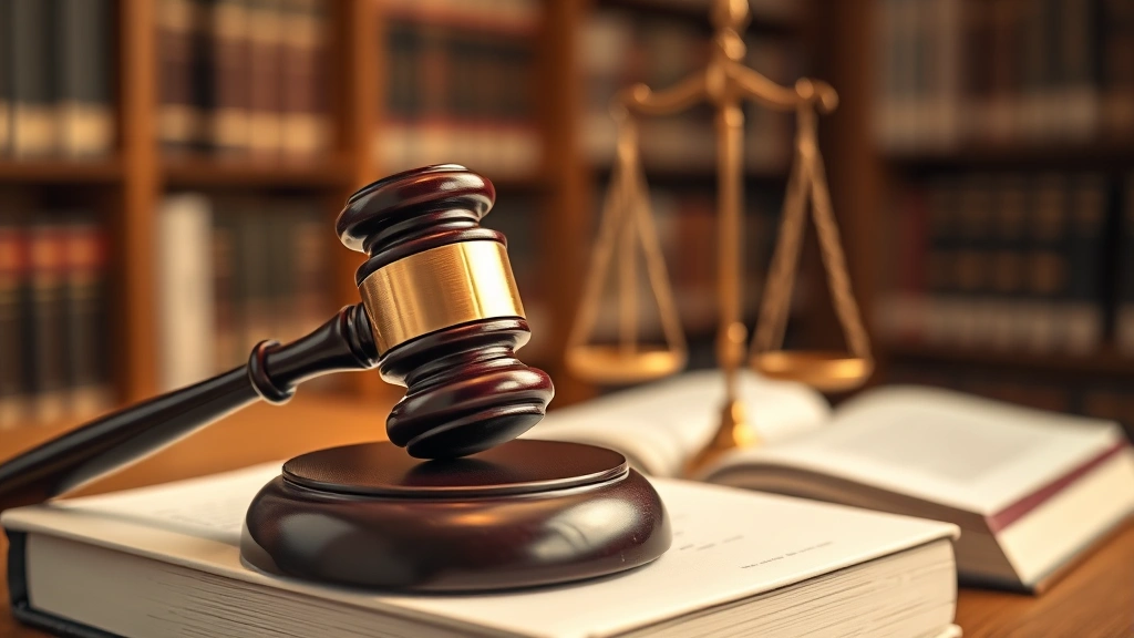 Gavel on law books with scales of justice in background, close-up shot in law library, warm professional lighting, symbolizing legal balance and fairness