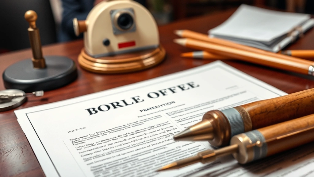 Close-up of property deed, title documents, and surveyor's tools on an official desk, representing legal property ownership records and boundary establishment