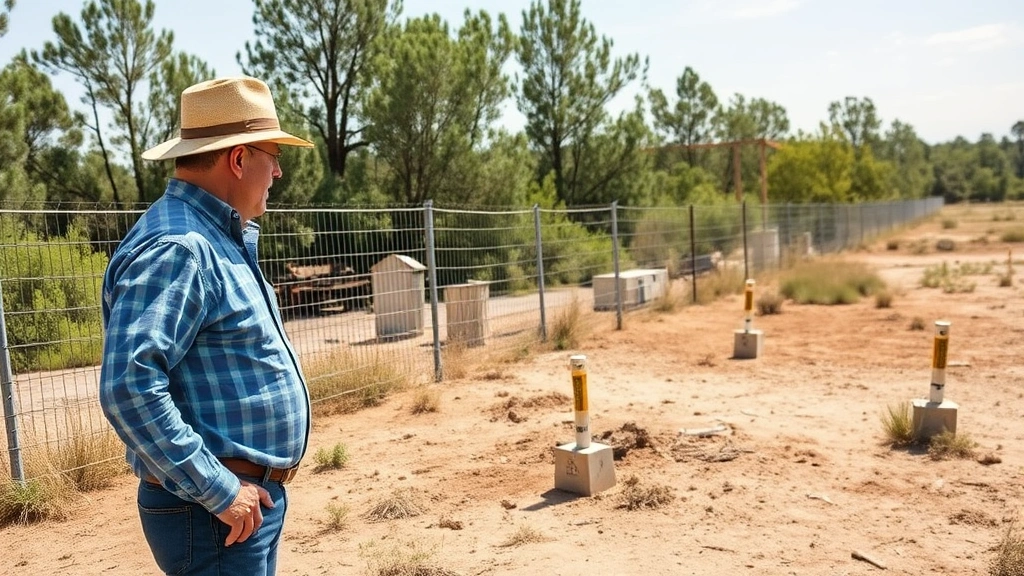Property owner inspecting vacant land with survey markers and fencing, demonstrating property maintenance and protection against unauthorized occupation, professional setting