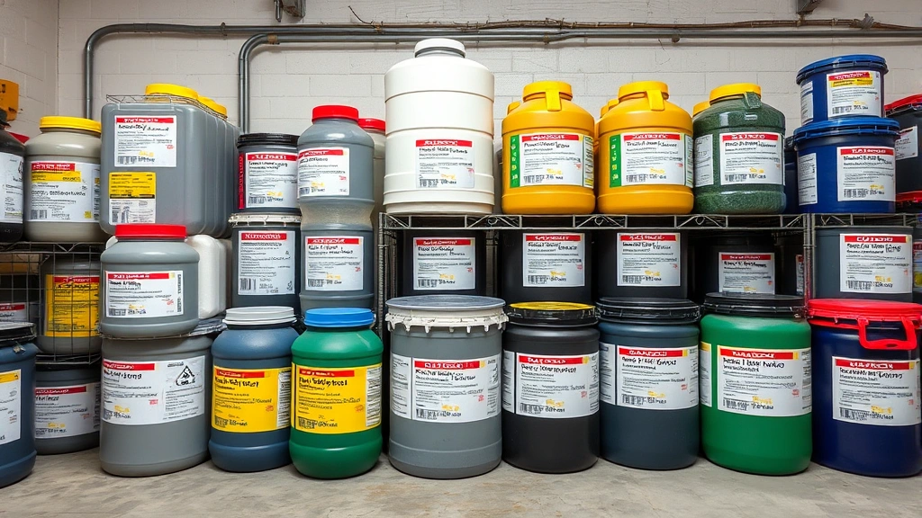Hazardous waste management facility with properly labeled and organized chemical containers, demonstrating systematic material accountability and regulatory compliance procedures