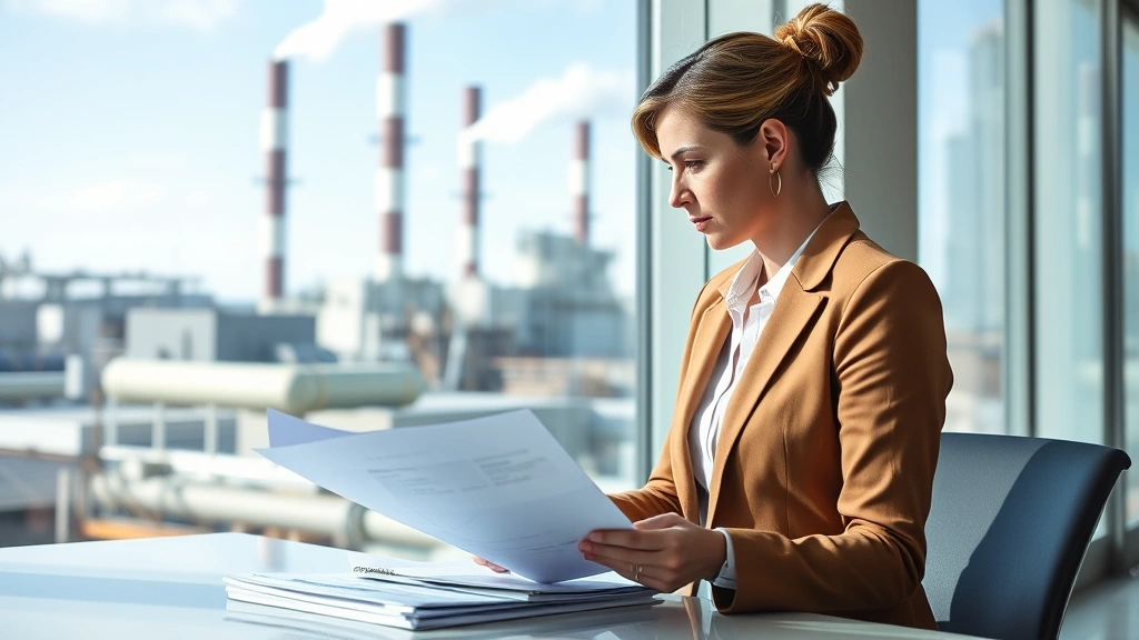 Legal professional in modern office reviewing environmental permits and regulatory compliance documents with industrial manufacturing facility visible through window in background
