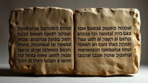Ancient stone tablets carved with Hebrew text representing the Ten Commandments, professionally photographed against neutral background, dramatic lighting highlighting carved details