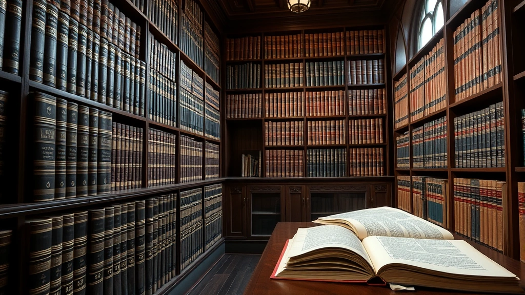 Professional legal research library with leather-bound law books and ancient manuscripts, soft natural lighting, scholarly atmosphere emphasizing legal knowledge and interpretation