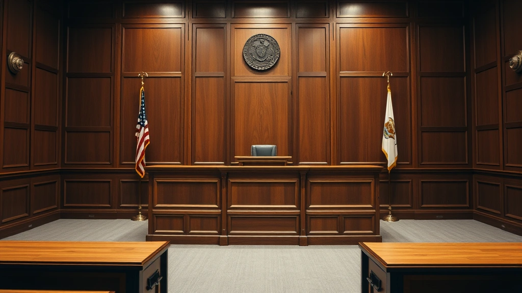 Courtroom interior with wooden judge's bench and empty jury box, formal legal setting, professional lighting emphasizing judicial authority and fairness
