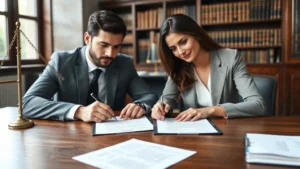 Professional couple signing documents at wooden desk in law office, attorney in background, natural lighting, formal business attire, paperwork and pen visible