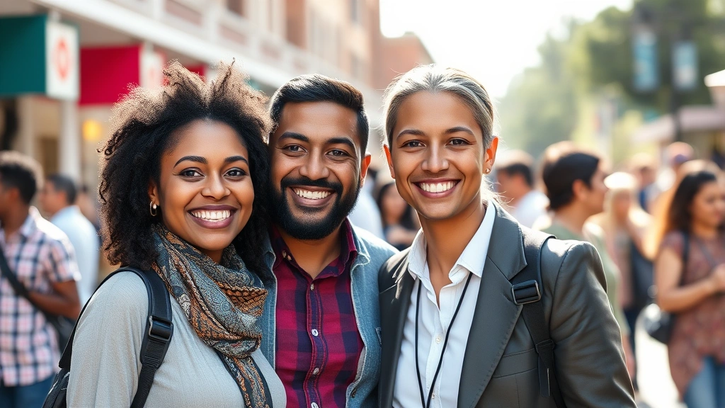 Diverse couple smiling together at outdoor community event, casual professional clothing, natural sunlight, public setting showing social integration