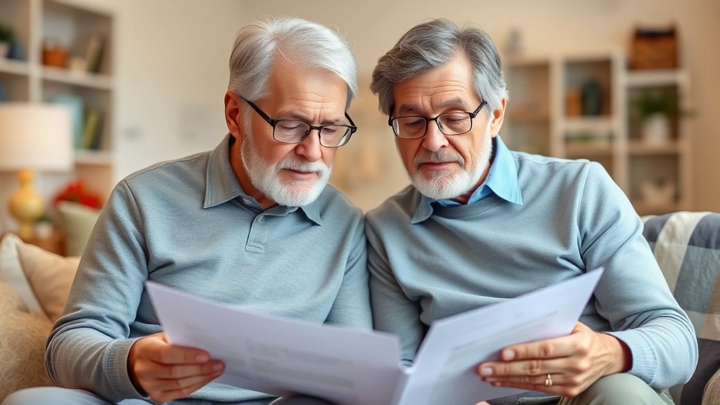 Senior couple reviewing financial documents together at home, comfortable living room, warm lighting, peaceful domestic environment, focused expressions