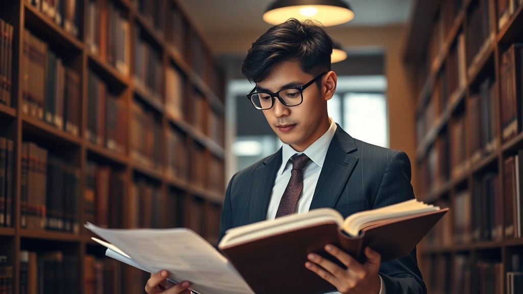 Law student in professional business attire reviewing legal documents and law books in contemporary law library, concentrated demeanor, warm ambient lighting, authentic academic study setting