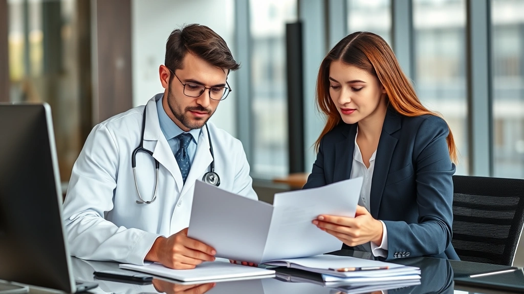 Young professional physician and lawyer in business casual clothing reviewing financial documents together at modern office desk, collaborative discussion, natural daylight, realistic career planning scenario