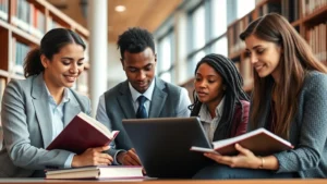 Professional diverse law students studying together in modern law library with natural light, focused expressions, laptops and casebooks visible, warm institutional setting