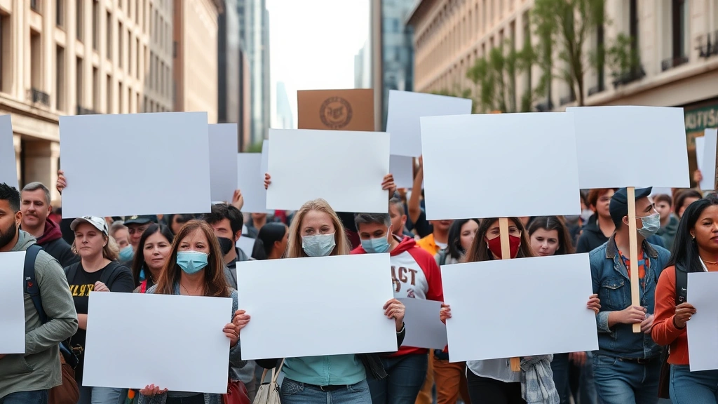 Diverse group of people holding blank protest signs during peaceful daytime march, focused expressions of civic engagement, wide public street setting