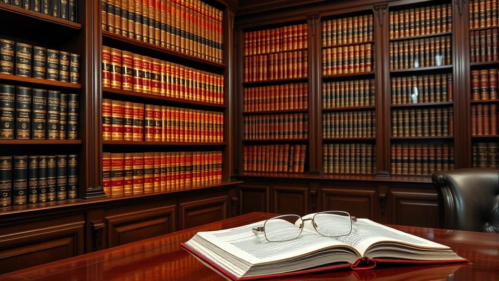 Legal library with leather-bound law books on wooden shelves, open law volumes on mahogany desk with reading glasses, warm professional lighting
