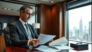 Distinguished senior law partner in tailored charcoal suit and crisp white shirt, reviewing confidential legal documents at an executive mahogany desk in a corner office, floor-to-ceiling windows overlooking downtown Manhattan skyline, soft natural lighting, professional photography style, photorealistic