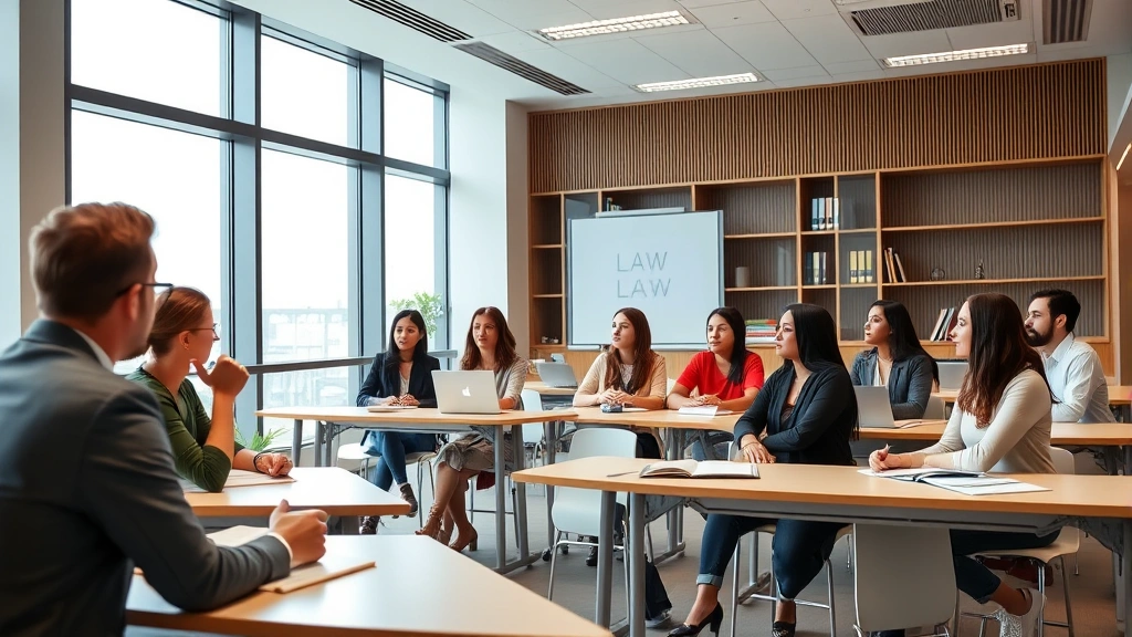 Modern law school classroom with diverse students seated at desks, instructor teaching at front, large windows providing natural light, professional educational environment