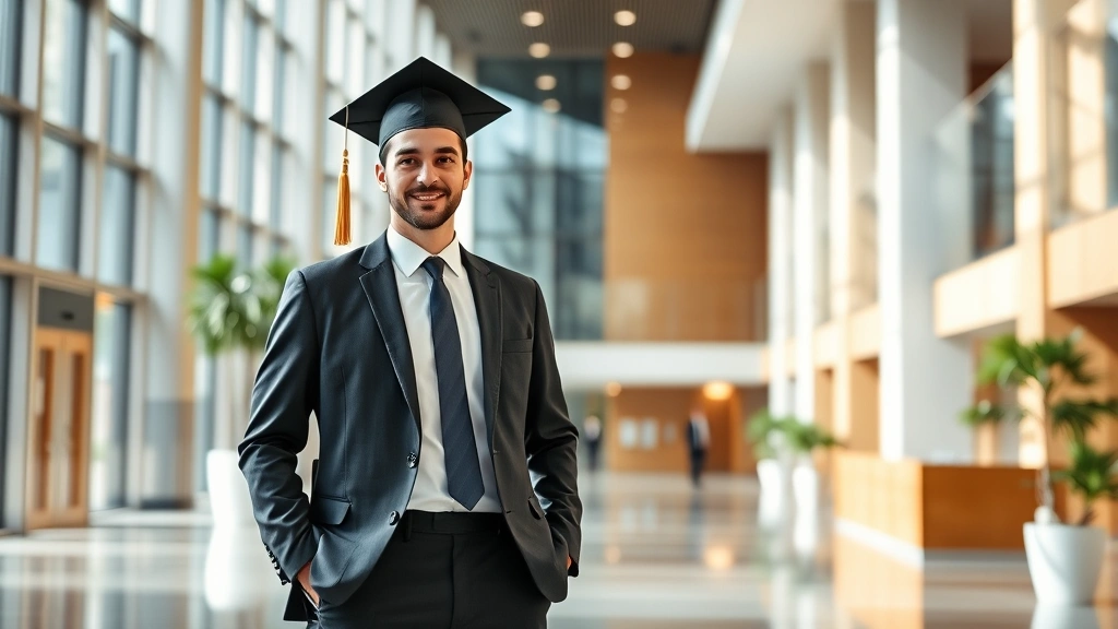 Law graduate in business suit standing confidently in modern office building lobby with contemporary architecture, natural lighting, professional workplace atmosphere